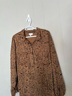 J. Jill Brown Floral Deer Print Button Blouse XL Long Sleeve Lightweight Top